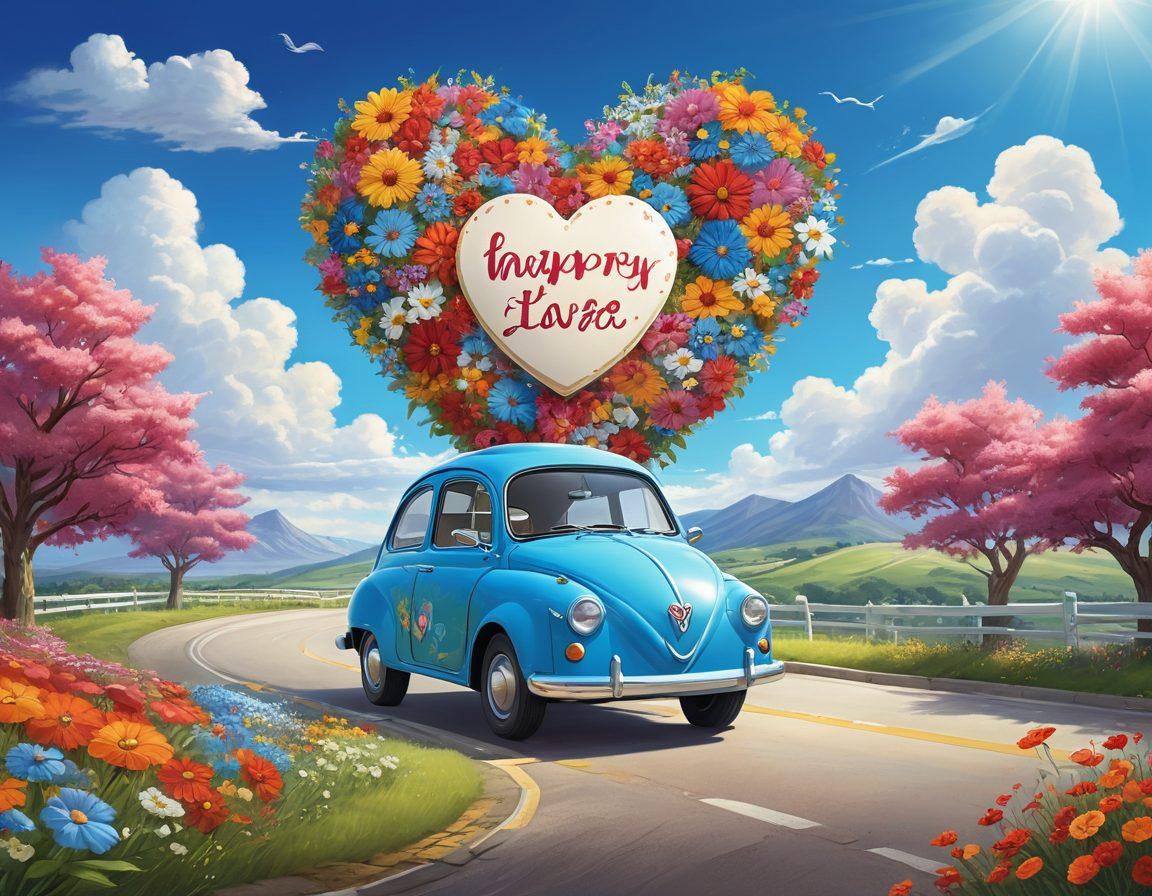 A whimsical scene showing a heart-shaped shield protecting a car under a blue sky, surrounded by playful clouds. The car has a happy face and the heart shield has loving details like flowers and messages of care. In the background, a road winds through a sunny landscape, symbolizing journey and protection. Bright and cheerful colors create a warm atmosphere. vibrant colors. cartoon style.