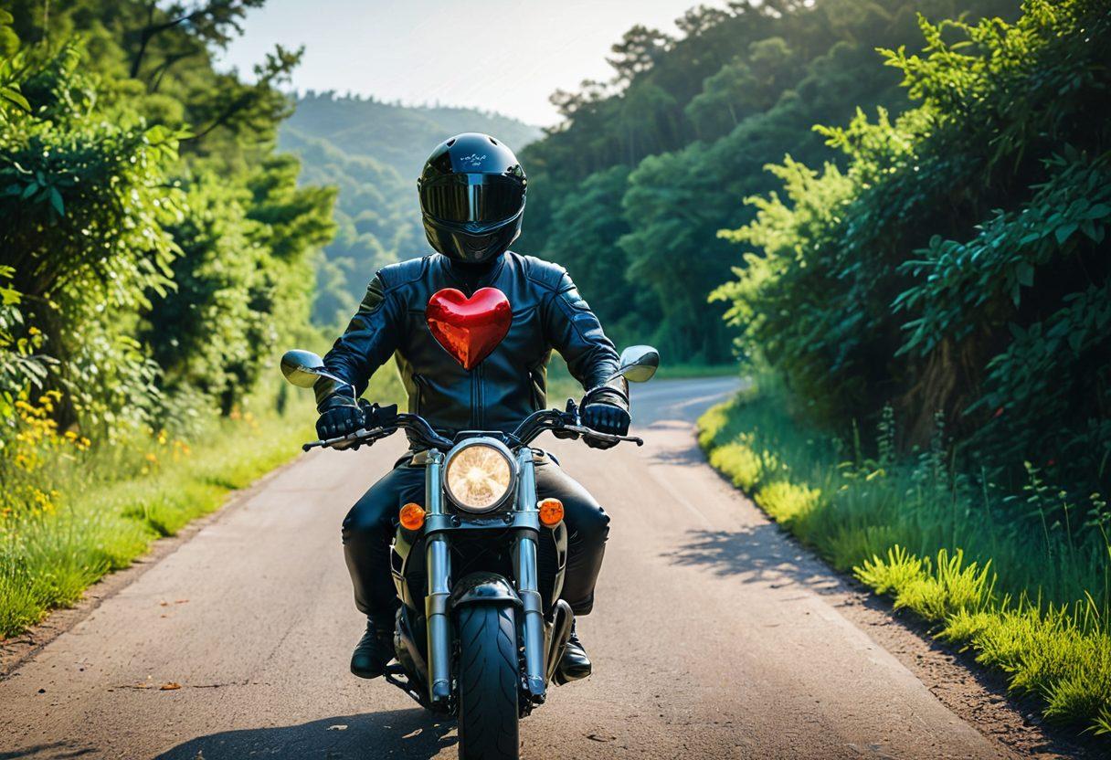 An elegant heart placed in one hand, while the other hand holds a shiny motorcycle helmet, symbolizing the balance between personal safety and thrilling rides. A gradient backdrop featuring a winding road and lush greenery, evoking adventure and peace of mind. Bright and inviting colors to evoke a sense of warmth and security. super-realistic. vibrant colors.