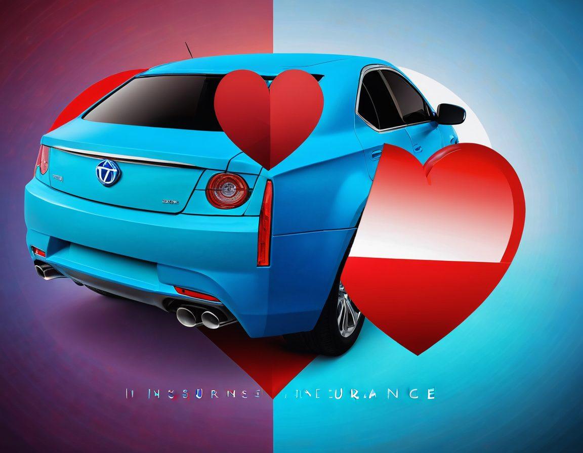 A split image showcasing a heart symbolizing love insurance on one side and a sleek, modern car representing auto insurance on the other side. Overlapping the two sides are colorful pie charts and graphs illustrating statistics related to both insurances. The background is a gentle blend of soft blues and reds, evoking feelings of trust and care. Super-realistic. Vibrant colors. 3D.